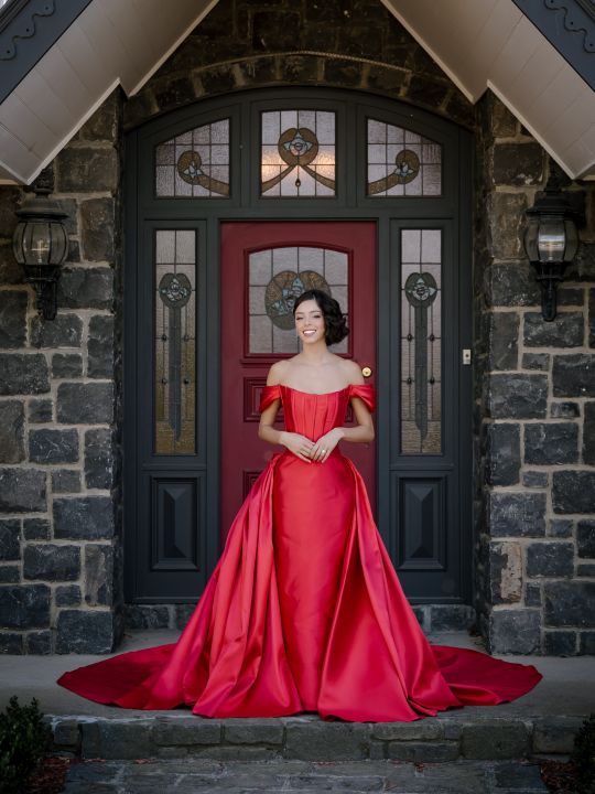 Bonita Couture Red Dress Sweet Ice Cream Photography wedding reception rustic style long benches hall exposed rafters