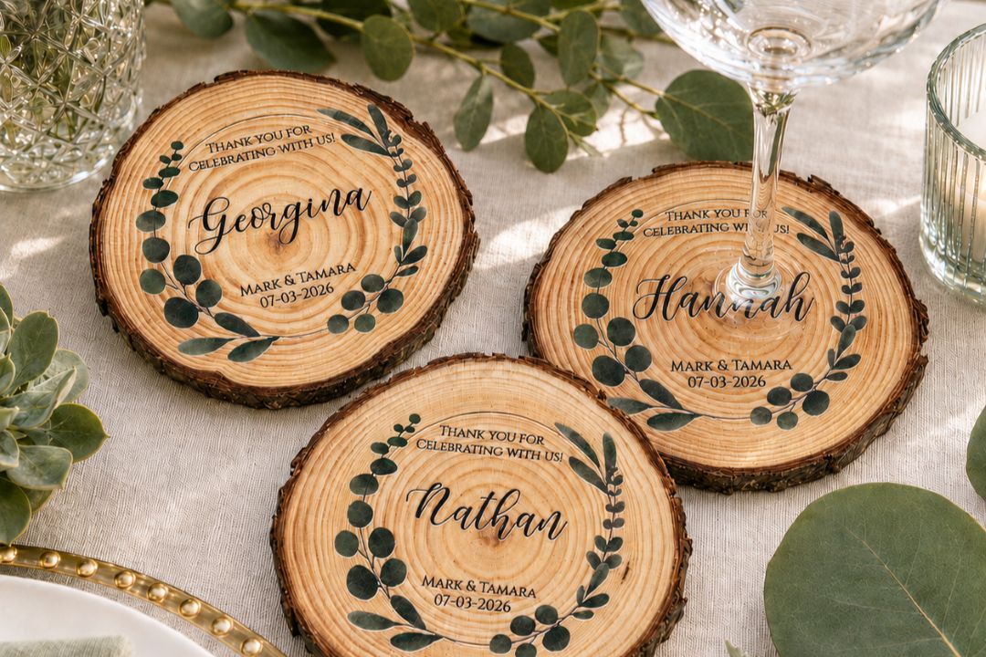 Bluegum coasters - Wedding Forest Sweet Ice Cream Photography wedding reception rustic style long benches hall exposed rafters