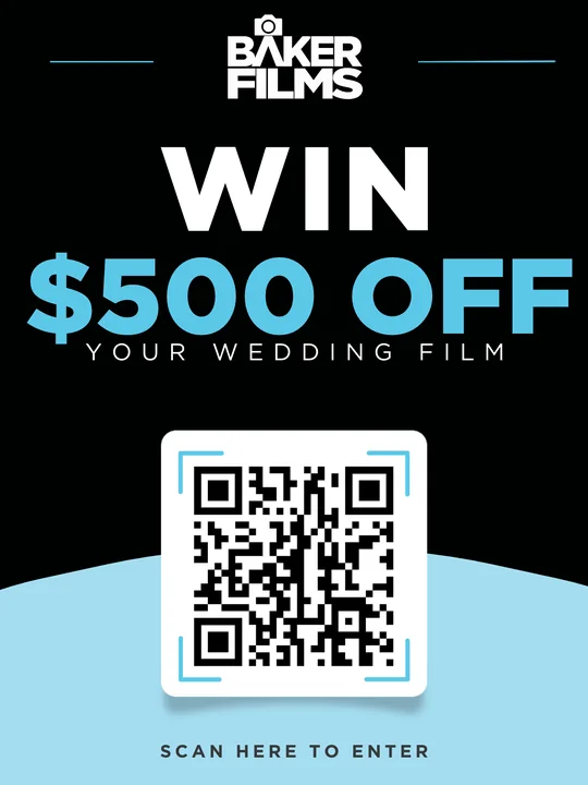 Baker Films Melbourne wedding videography Baker Films promotional graphic: win $500 off your wedding film, scan the QR code to enter