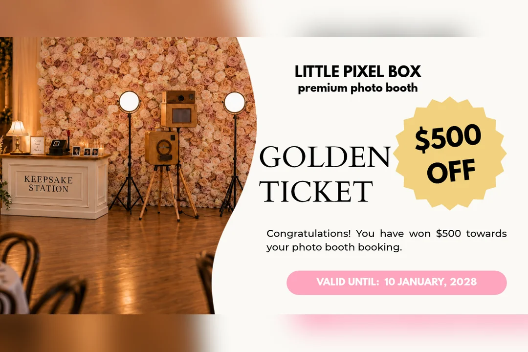 Little Pixel Box golden ticket voucher worth $500 off a photo booth booking