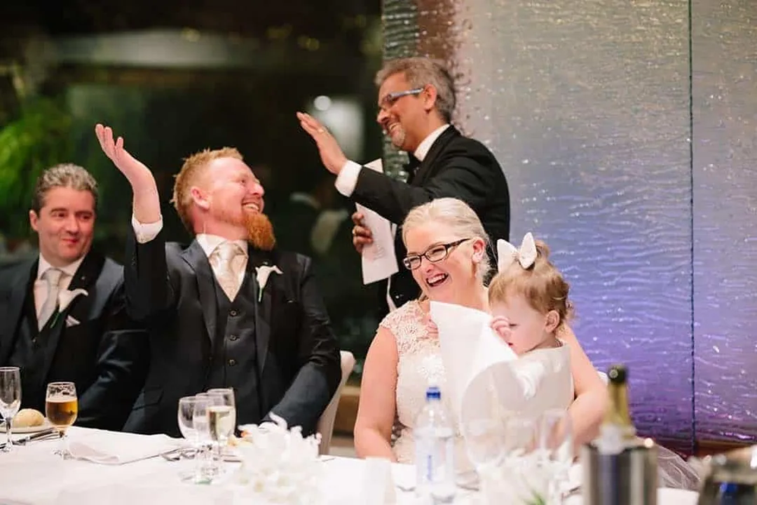 Retro DJ Event Entertainment Melbourne wedding MC and DJ Wedding guests laughing at the reception, MC and DJ entertainment by Retro DJ Event Entertainment