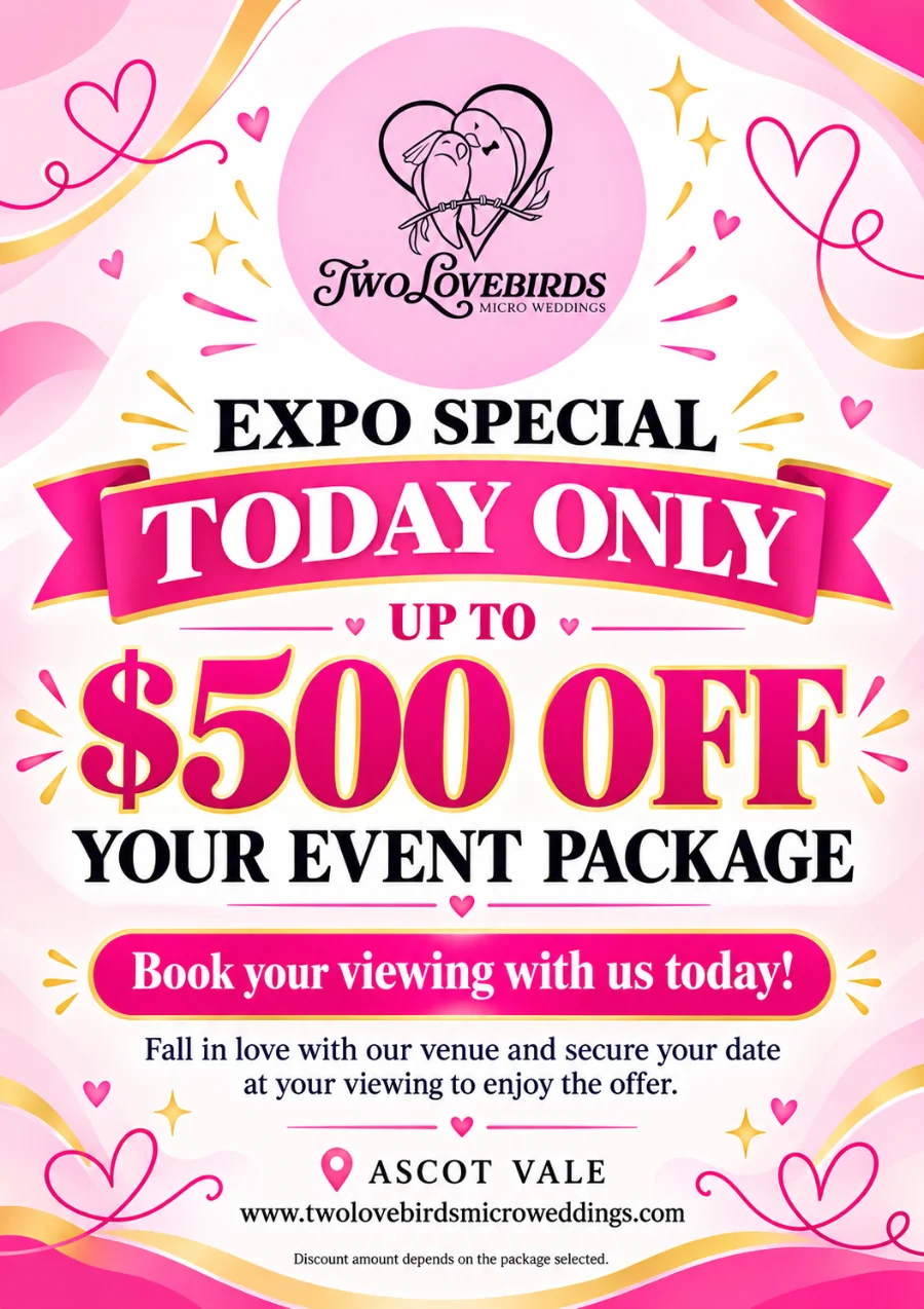 Two Lovebirds Micro Weddings and Events expo special poster: up to $500 off your event package, Ascot Vale